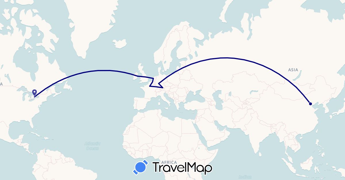 TravelMap itinerary: driving in Belgium, Canada, China, Germany, France, Ireland, Mongolia, Netherlands (Asia, Europe, North America)