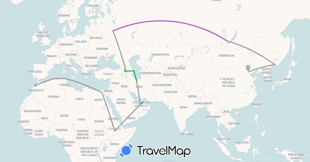 TravelMap itinerary: driving, bus, plane, train in United Arab Emirates, Armenia, Azerbaijan, China, Algeria, Egypt, Ethiopia, Georgia, Iran, Morocco, Russia, Tunisia (Africa, Asia, Europe)