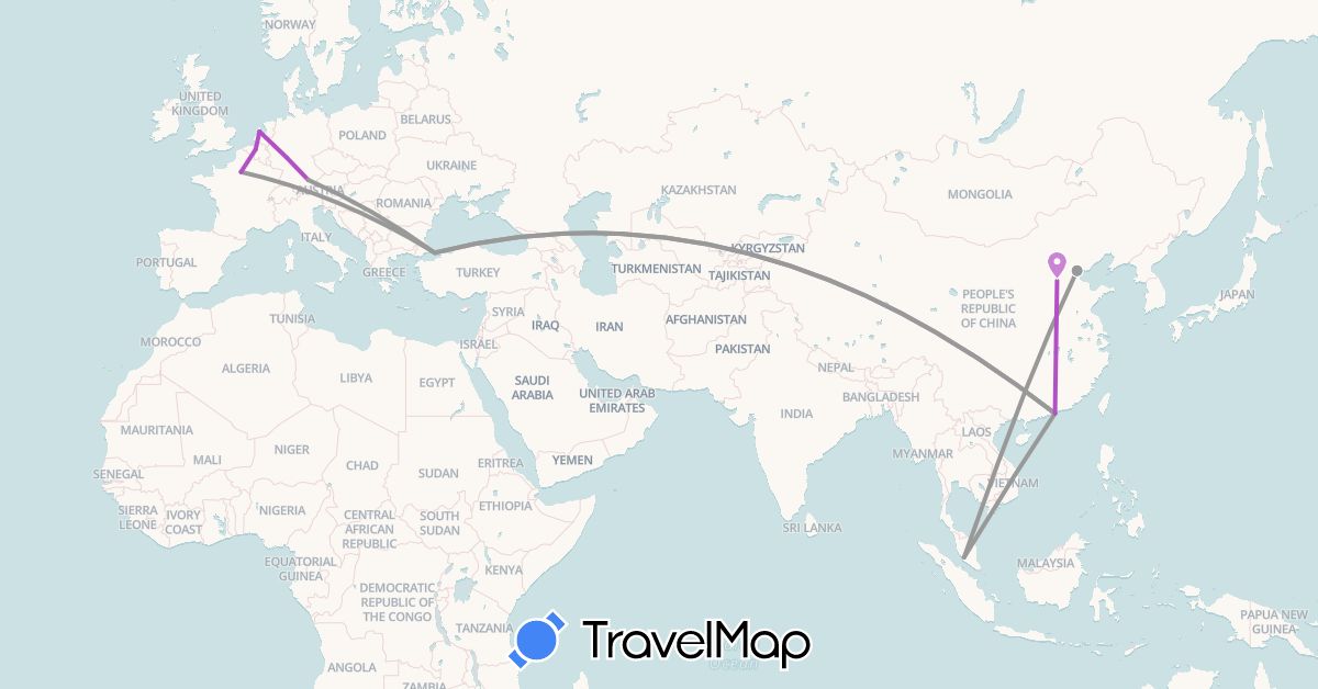 TravelMap itinerary: driving, plane, train in Belgium, China, Germany, France, Malaysia, Netherlands, Turkey (Asia, Europe)